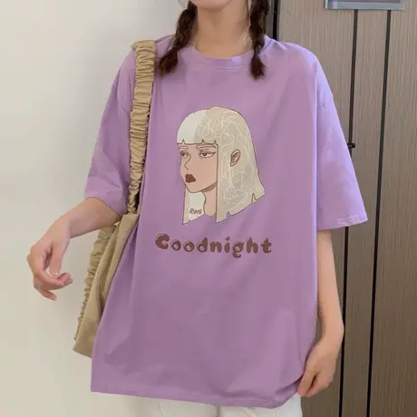 网红港风短袖t恤女夏装2021新款宽松韩版纯棉半袖ins超火上衣服潮商品大图