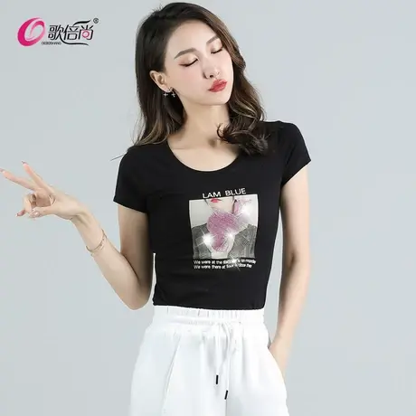 歌倍尚欧洲站女装2022新款夏季短袖t恤女重工烫钻时尚纯棉体恤潮商品大图