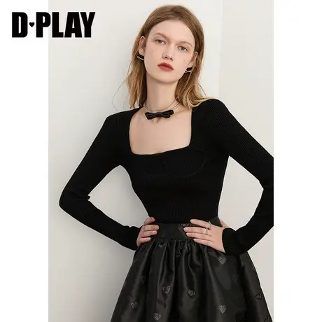 DPLAY秋新法式复古黑色方形领针织小衫优雅修身版打底衫图片