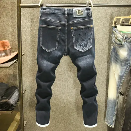 春季欧版牛仔裤男休闲百搭小脚裤高端个性印花时尚潮牌修身裤子男商品大图
