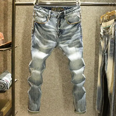 裤子男复古高街美式秋冬款牛仔裤男重磅水洗修身直筒休闲弹力长裤图片