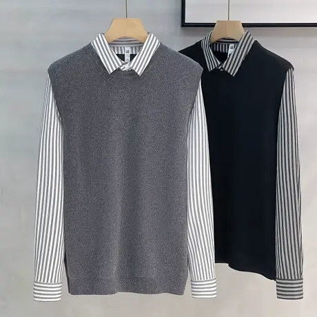轻奢高端级翻领针织衫秋冬保暖条纹衬衫领假两件毛衣男士商务衬衣商品大图