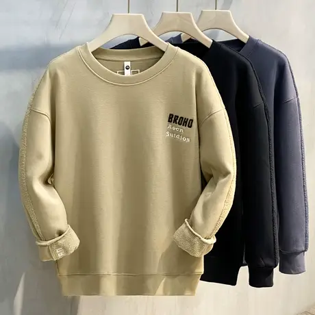 仿羊羔绒加绒卫衣男2023秋季新款潮牌宽松圆领秋装长袖T上衣秋冬商品大图