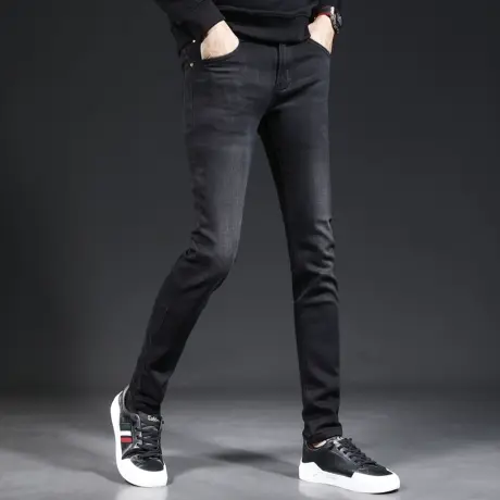 冬季加绒牛仔裤男修身小脚2023新款潮流黑色弹力男士裤子厚款图片