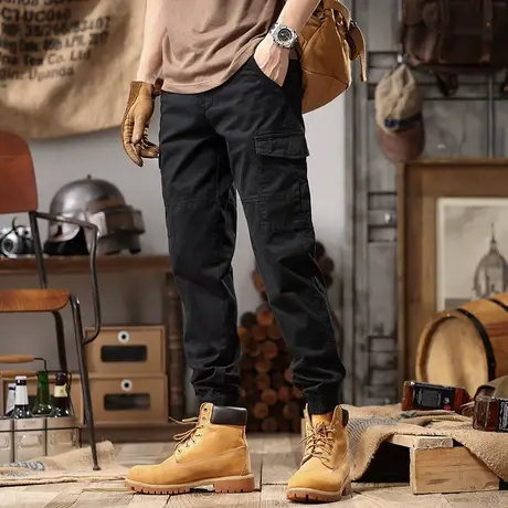 潮流长裤男士工装裤休闲裤子大码纯色直筒男工装裤男款复古束脚裤商品大图