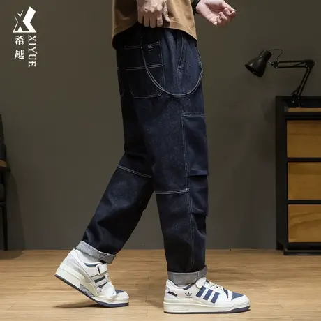 秋冬美式拼接牛仔裤男2023新款宽松大码直筒休闲裤子痞帅工装长裤商品大图