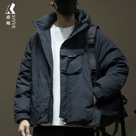 希越新国标白鸭绒羽绒服男士连帽工装外套宽松大码冬季保暖面包服商品大图
