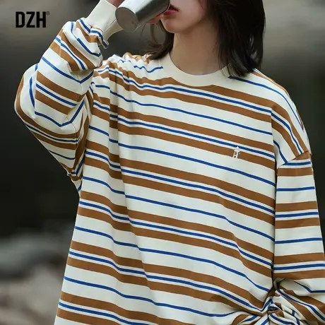 情侣条纹t恤男长袖秋季潮牌男装2023新款圆领上衣宽松体恤衫百搭商品大图