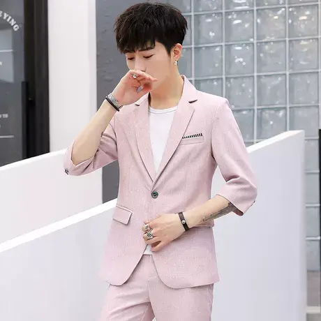 中袖西装男韩版修身纯色小西服一套发型师七分袖礼服三件套潮商品大图
