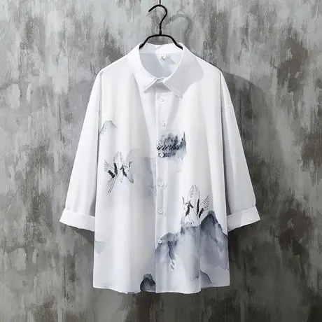 秋季薄款冰丝速干方领古风仙鹤印花衬衫汉服男青年中国风宽松上衣商品大图