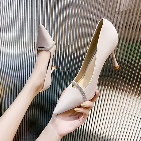 尖头浅口职业单鞋女2024年夏季新款性感百搭仙女风水钻细跟高跟鞋图片