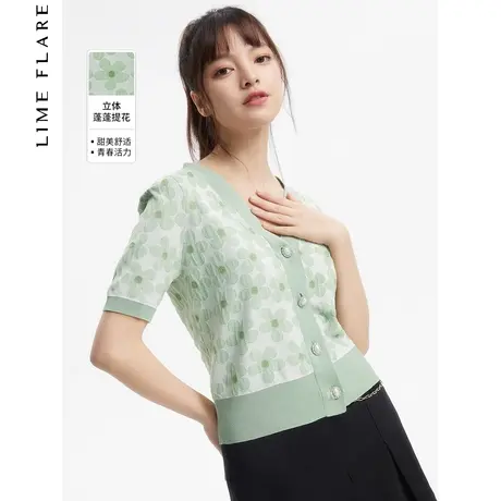 莱茵碎花短袖上衣V领夏季新款立体提花重工针织开衫显瘦通勤奥莱商品大图