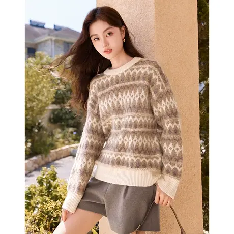 【直播间】香影复古提花套头毛衣女2023秋冬新款外穿宽松慵懒风商品大图