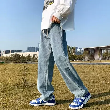 港风日系复古牛仔裤男宽松直筒坠感阔腿老爹裤ins潮牌高街长裤子商品大图