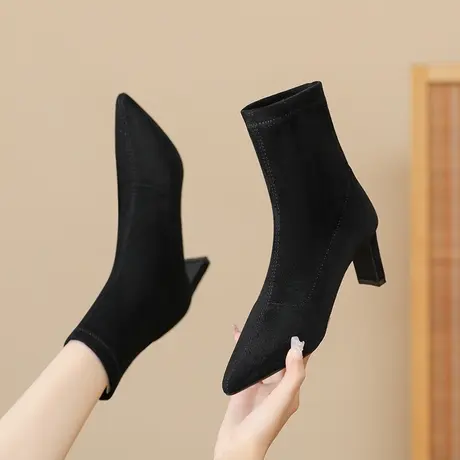 黑色粗跟短靴女2024年新款秋冬季尖头绒面马丁靴显瘦弹力瘦瘦袜靴图片