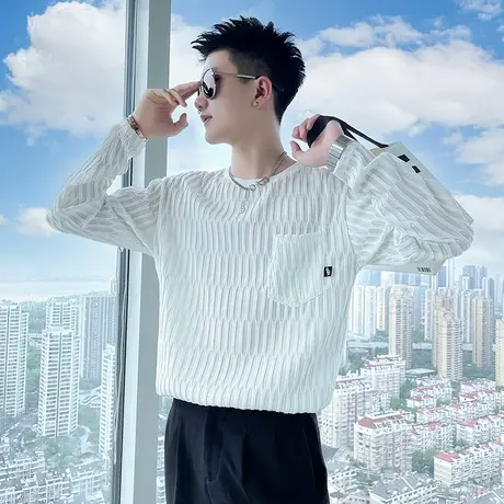 新款秋装纯色蜂窝格子长袖体恤打底衫青少年学生百搭简约男士T恤商品大图