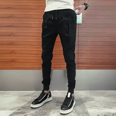 2023秋季新款韩版修身小脚休闲加绒哈伦裤潮男社会时尚小伙发型师商品大图