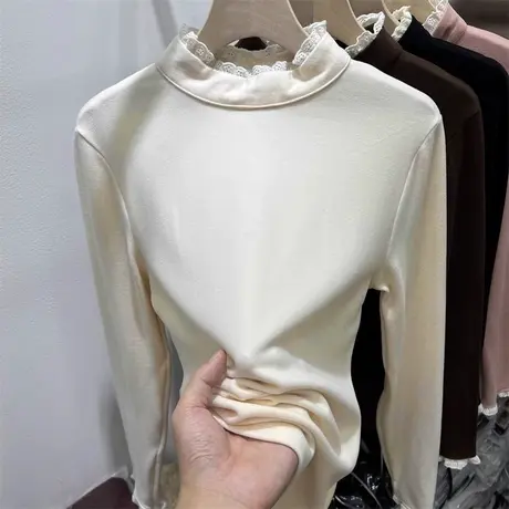 德绒半高领蕾丝拼接打底衫女内搭秋冬季保暖磨毛加厚长袖T恤上衣商品大图