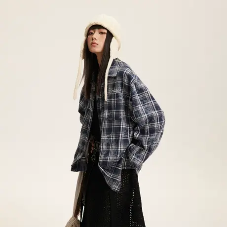 美式复古潮牌格子衬衫女春秋2024新款设计感上衣宽松oversize衬衣商品大图