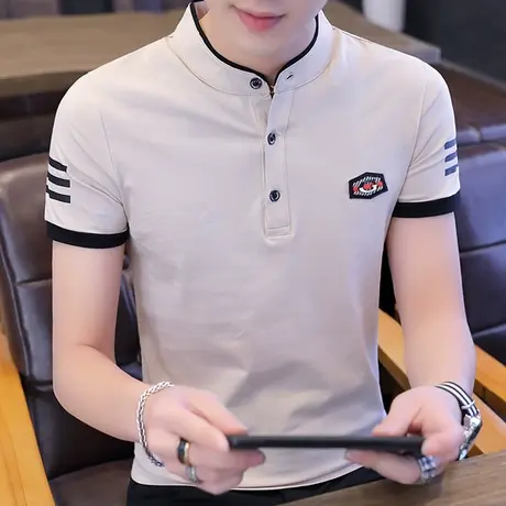 夏装Polo衫男士短袖青年韩版修身潮流立领T恤纯棉打底衫新款上衣商品大图