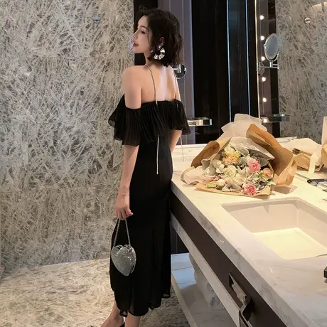 黑色晚礼服女装挂脖时尚一字肩长款敬酒服平时可穿气质包臀连衣裙商品大图