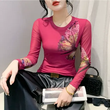 时尚气质网纱印花圆领长袖打底衫洋气内塔上衣女修身显瘦T恤春秋图片