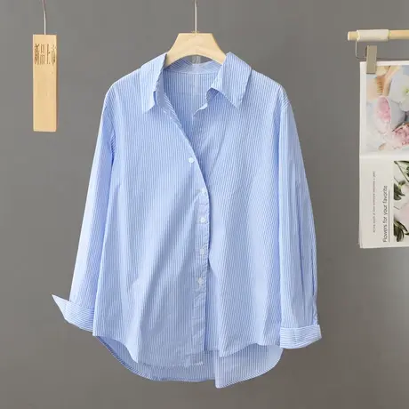 早春新款斜襟蓝色条纹衬衫女别致洋气设计感小众衬衣春秋上衣宽松图片