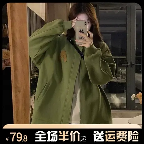 美式复古棒球服外套女秋冬季加绒加厚韩系休闲百搭夹克开衫卫衣潮图片