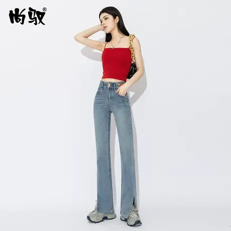 蓝色弹力牛仔筷子裤2023年夏季薄款高腰小直筒裤修身显瘦牛仔长裤商品大图