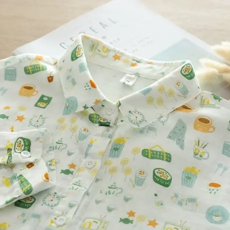 春秋季文艺小清新减龄双层纱纯棉长袖衬衫女学生宽松百搭打底上衣图片