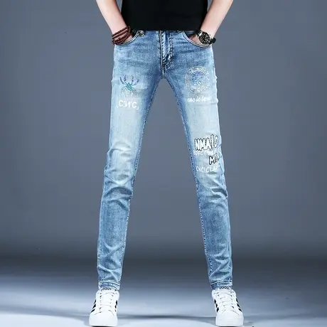 欧洲站春季男士新款牛仔裤子时尚烫钻修身做旧工艺小脚裤百搭潮男图片
