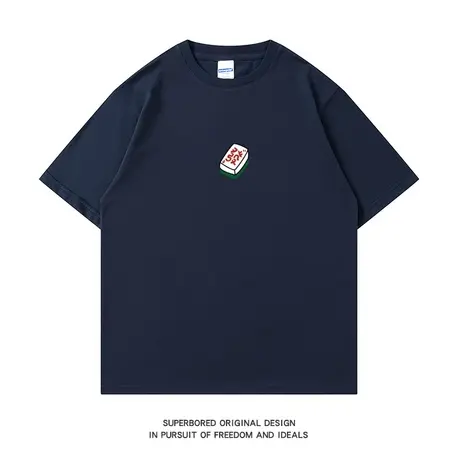 ins港风简约趣味发财小麻将短袖t恤男夏季纯棉宽松半袖情侣体恤图片