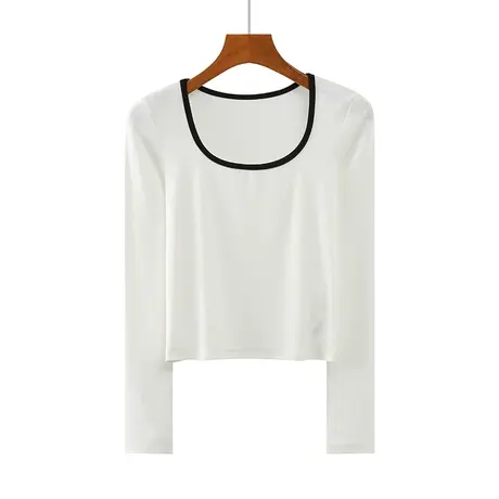 早春新款韩版圆领U领纯色纯棉长袖体恤上衣内搭女打底衫撞色领口商品大图