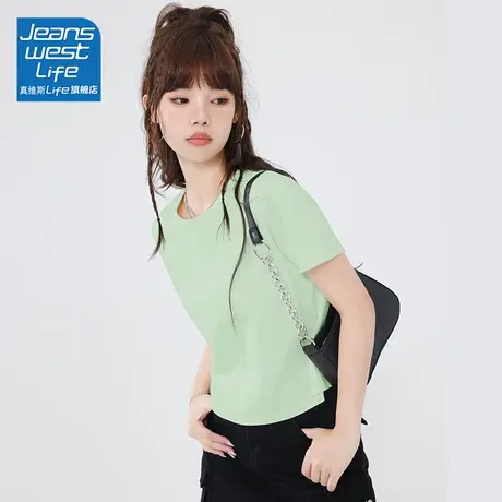 真维斯life独特别致短款上衣2024新款爆款时尚简约纯色短袖t恤女商品大图