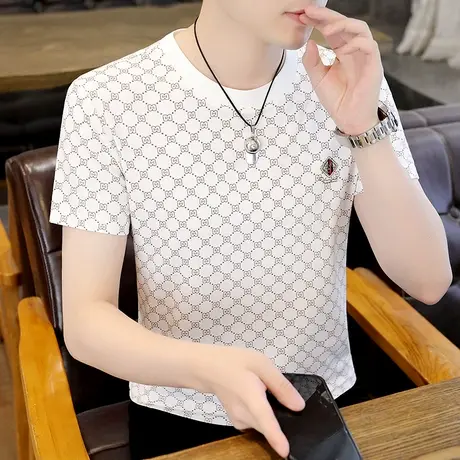 冰丝短袖t恤男款圆领潮流印花上衣服半袖潮牌男装烫钻打底白色tee商品大图