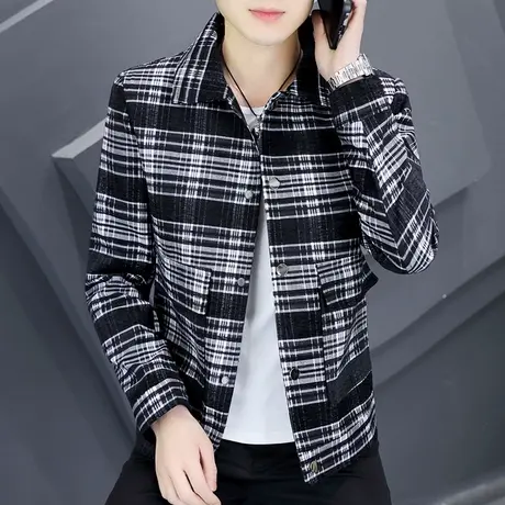 潮牌格子外套男士2023新款春装休闲条纹上衣帅气翻领工装短款夹克商品大图