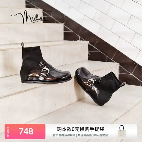 妙丽冬新款简约百搭圆头弹力靴短靴女袜靴2206BDD3图片