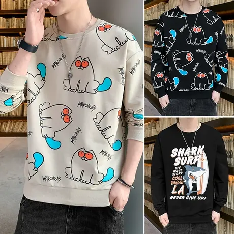 2023新款卫衣男潮牌春秋季宽松长袖T恤男士卡通体恤青少年秋衣服商品大图