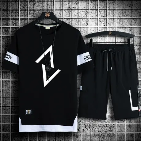 纯棉短袖t恤男士运动休闲套装夏季薄款男装一套搭配帅气冰丝体恤商品大图