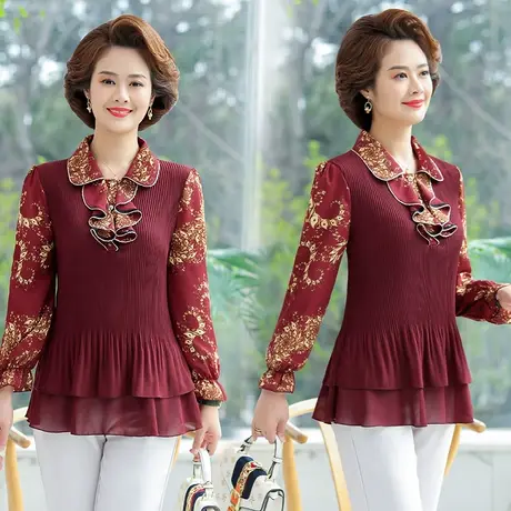 新款秋装妈妈雪纺衫上衣中年洋气翻领打底衫中老年女春秋时尚小衫商品大图