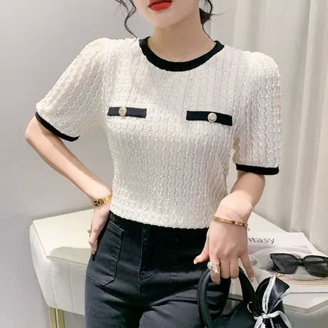 2023夏天新款时尚拼色T恤女短袖简约百搭小衫设计感小众显瘦上衣商品大图