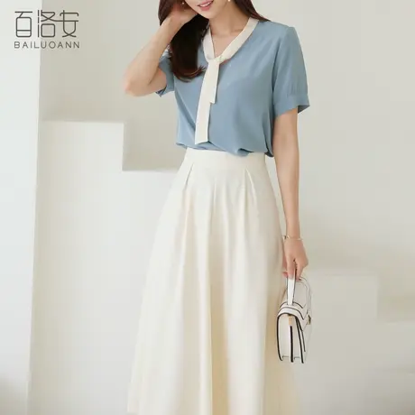 百洛安短袖衬衫女夏装新品气质简约百搭衬衣显瘦洋气飘带上衣小衫图片