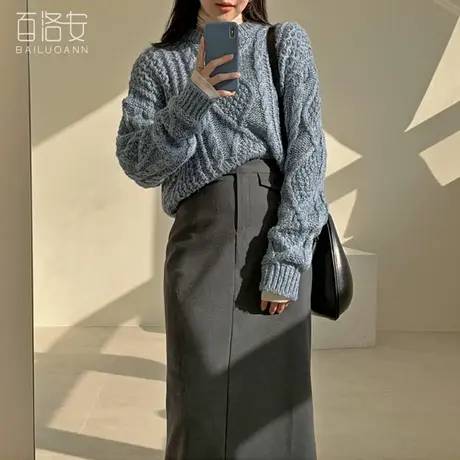 百洛安粗毛线麻花毛衣女秋装新款气质宽松显瘦短款套头针织打底衫图片