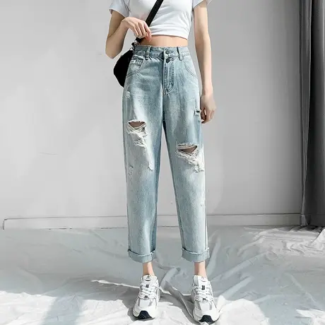 烂破洞牛仔裤女宽松春夏高腰显瘦乞丐裤chic港味小个子卷边直筒裤图片