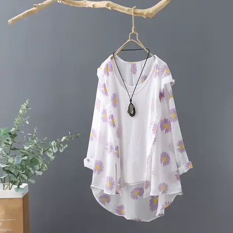 韩范中长款小雏菊印花连帽防晒衬衫女长袖宽松薄防晒衫外套衬衣图片