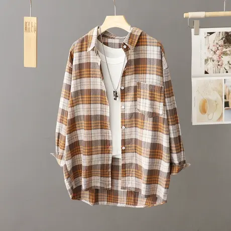 春秋格子衬衫女长袖薄外套中长款复古港味衬衣休闲上衣开衫大码潮商品大图