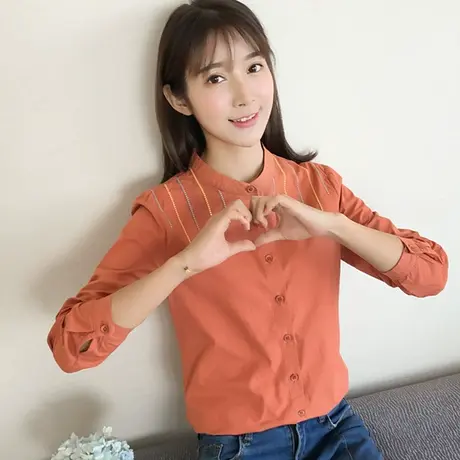 2020韩版春秋季新款学生纯棉立领碎花刺绣百搭宽松长袖衬衫女上衣图片