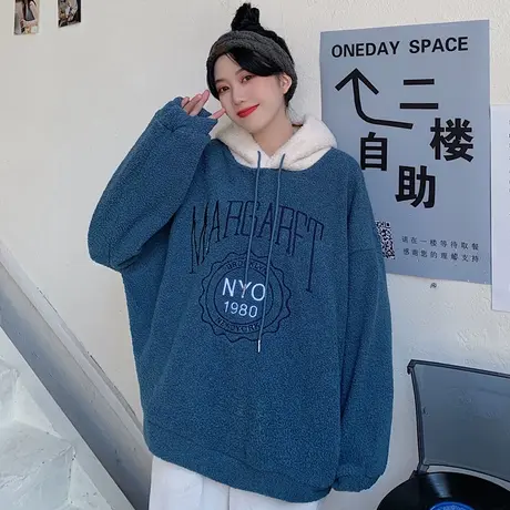 炸街羊羔毛卫衣女2020秋冬宽松韩版ins上衣加绒加厚waitmore外套商品大图