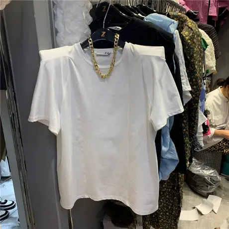 2022春新品韩版净版简约百搭街头圆领短袖直角肩垫肩T恤上衣女潮商品大图