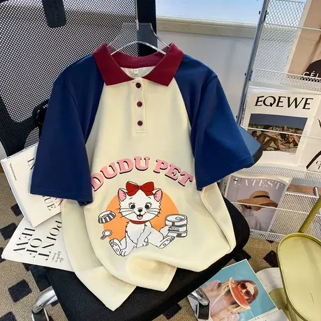 polo衫撞色插肩短袖t恤女夏季宽松设计感小众半袖猫咪印花上衣服图片
